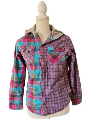 L.L. Bean Colorful Plaid Fleece Lined Hoodie Shirt Jacket Size Large 14-16 Girls